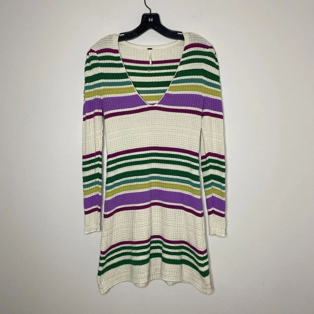 Free People XS Gidget Knit Sweater Dress V-Neck Long Sleeve Ivory Combo Striped